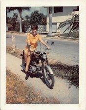 Vintage 1965 Honda S90 Motorcycle 1960s Photo Woman Sitting Dress Bouffant Legs