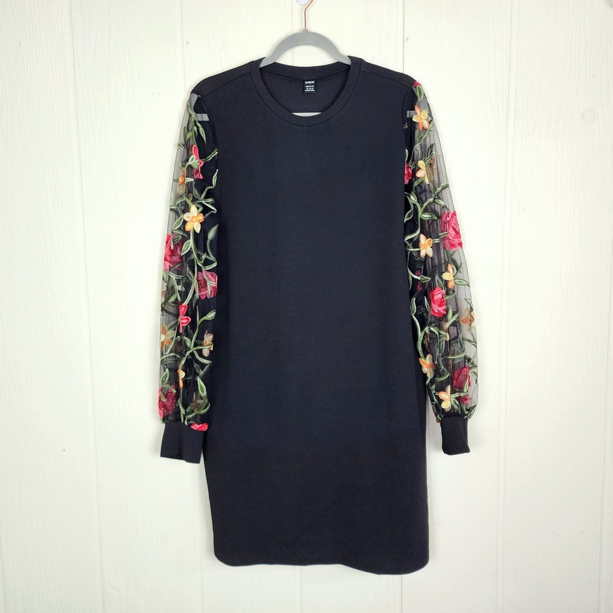 Shein Black Sheer Lace Floral Embroidered Sleeve Dress Size 12 Pullover