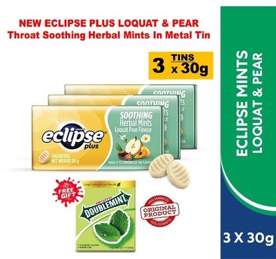 3X New Eclipse Plus Loquat Pear Throat Soothing Herbal Mints 30g In Metal Tin