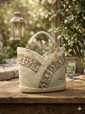Handmade by Rania Women s Beige/White Straw Tote Embroidered Gold Chain Strap