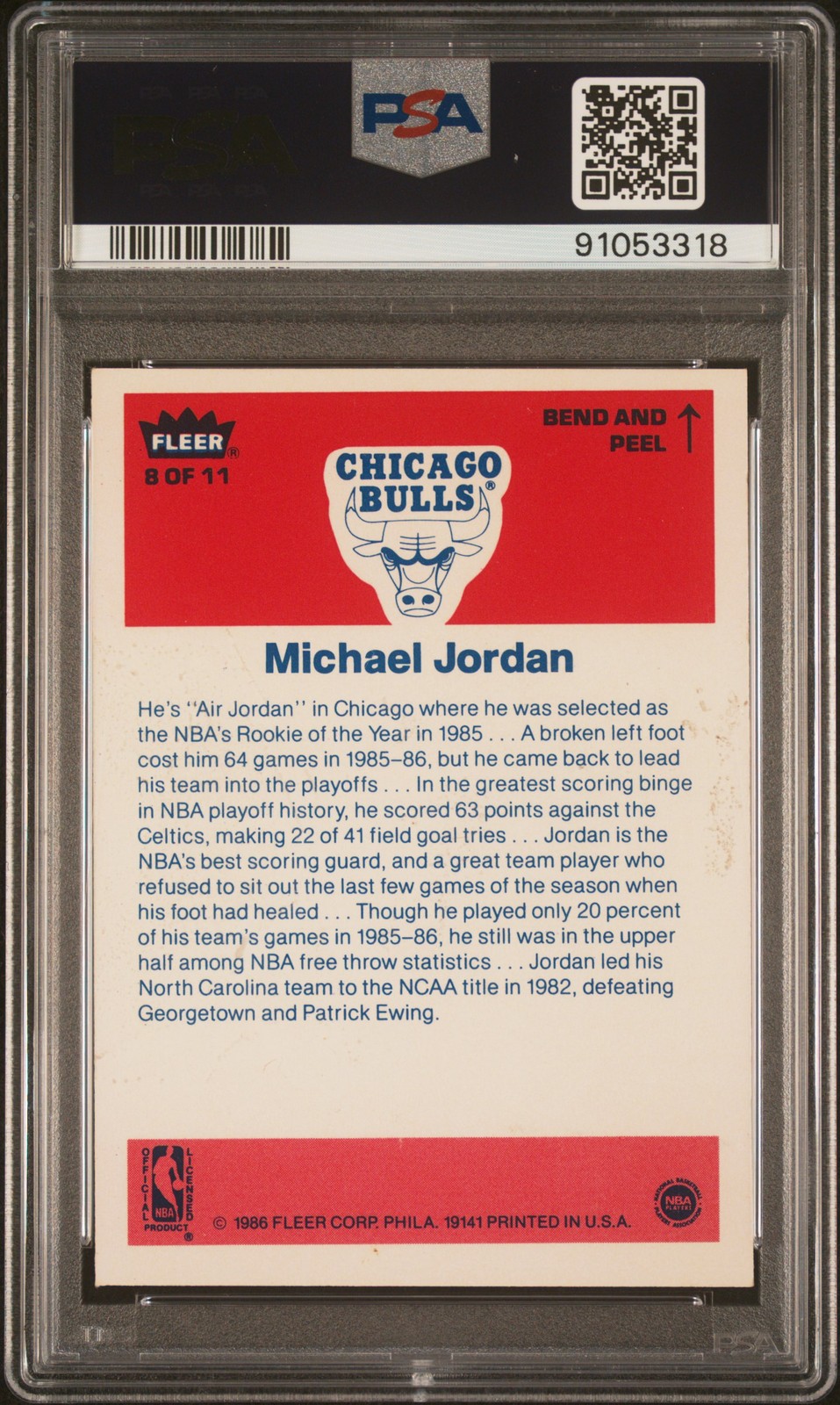 1986 FLEER STICKER #8 MICHAEL JORDAN ROOKIE RC PSA 6 view 2