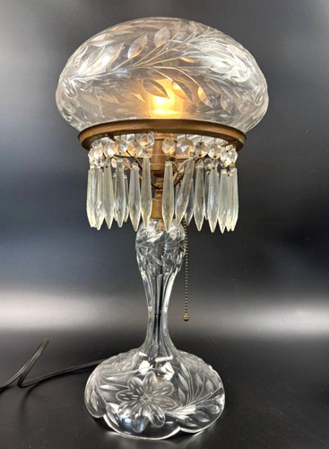 Antique Art Deco 1930 Wheel Cut Crystal Mushroom Shade Table Lamp w Lustres XLNT