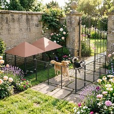 Outdoor Dog Kennel w/ 2 Rooms, Rotating Bowls, 13.5' x 9.4' x 5.1'
