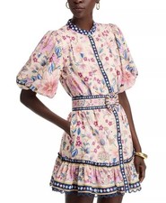 New Farm Rio Cream Superbloom Tapestry Puff Sleeve Mini Dress S Belted Floral