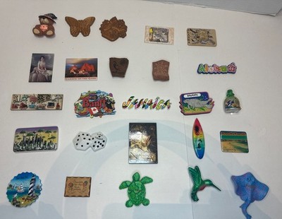 Souvenir Magnet Variety Lot of 25 Boston, Hawaii, Disney, Wooden Butterfly & +