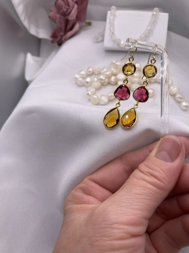 Pendientes Turmalina Rosa Rubelita Citrino Briolette Oro 14K Relleno SIMULADOS Foto 2 de 4
