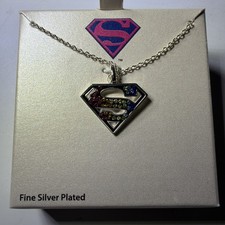 Superman Silver Plated Brass Pendant Necklace Crystals 18 Inch DC