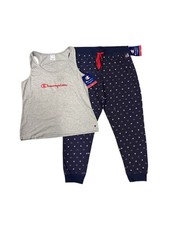 Champion Womens Sleep Set Gray Tank Navy Logo Pants Joggers Sz XL
