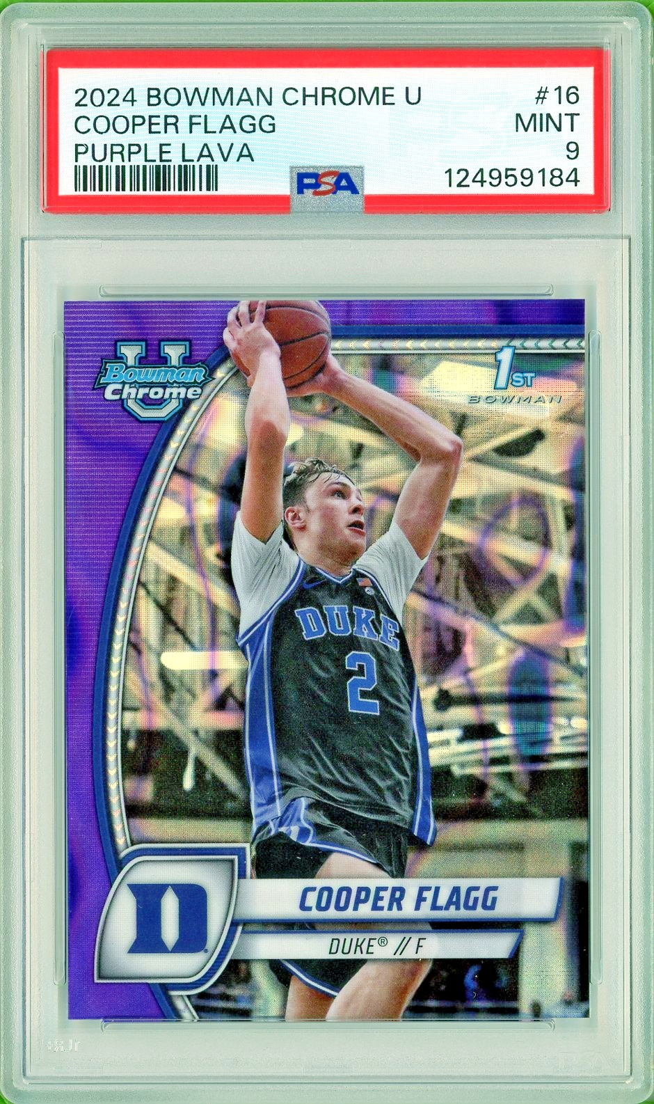 2024 Bowman Chrome U Cooper Flagg 1st Purple Lava #16 PSA 9