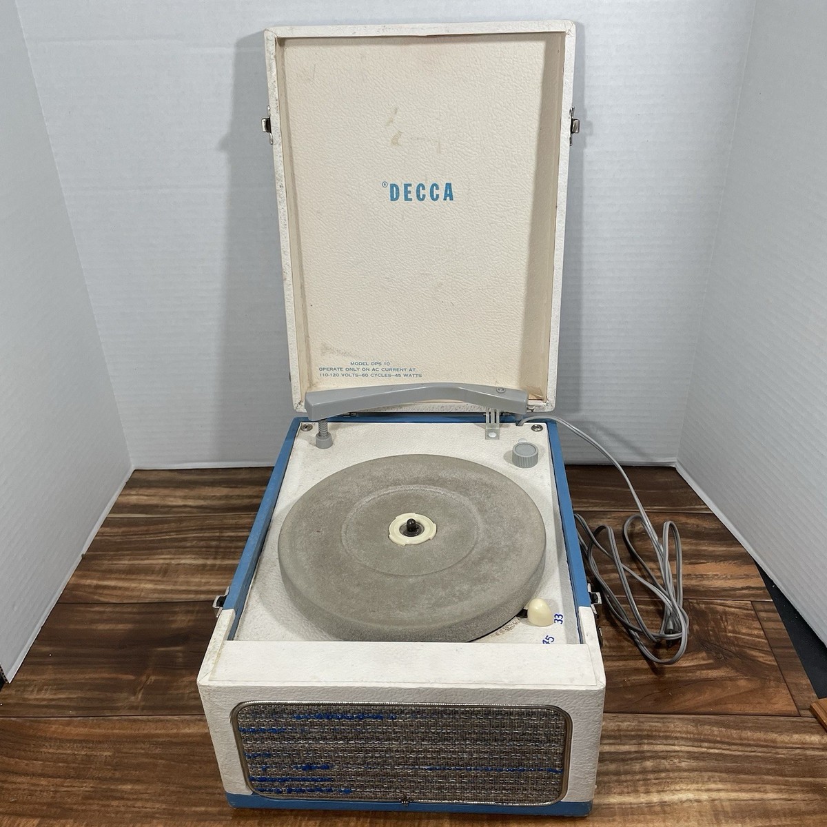 Vintage Blue DECCA Portable Record Player DPS-10 Powers on no