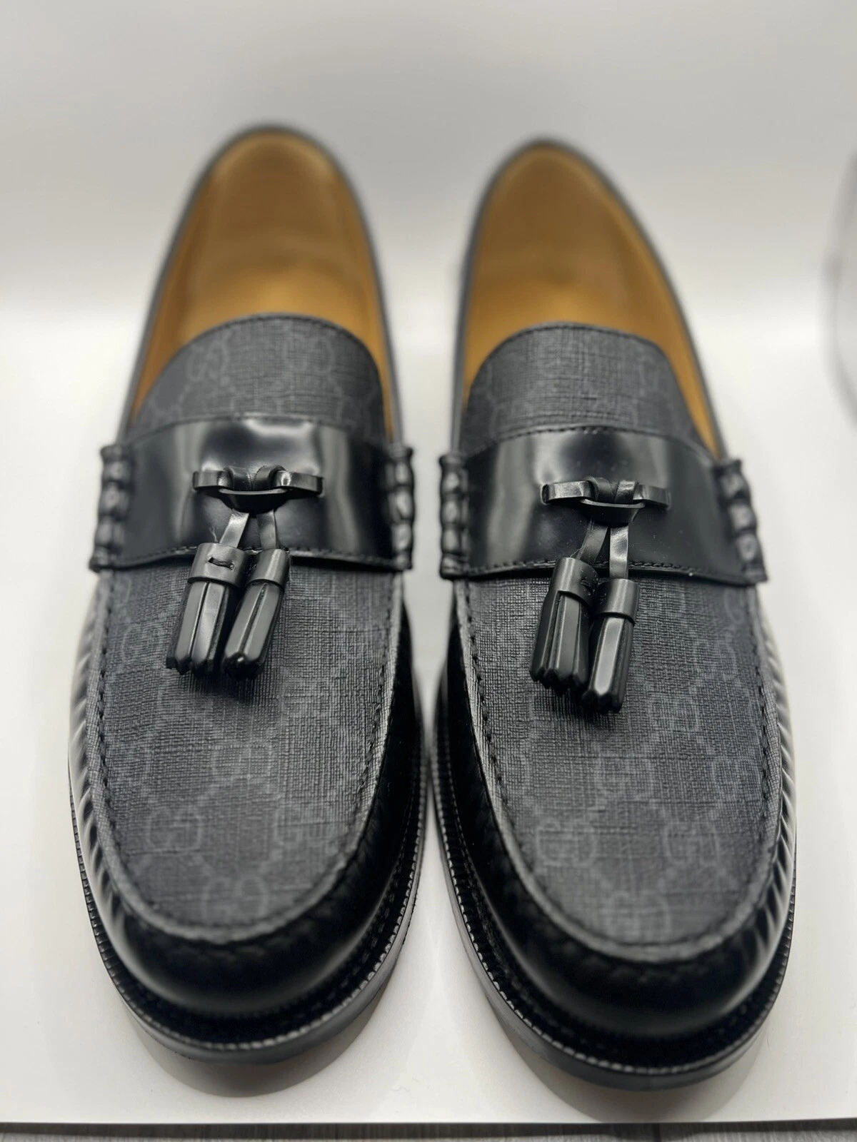 CHAUSSURES HOMME GUCCI SUPREME TASSEL CUIR NOIR ET TOILE NOIRE US 13,5 G 13