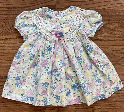 Vintage Rare Editions Spring Floral Dress Lace Collar USA Made Easter Size 12m