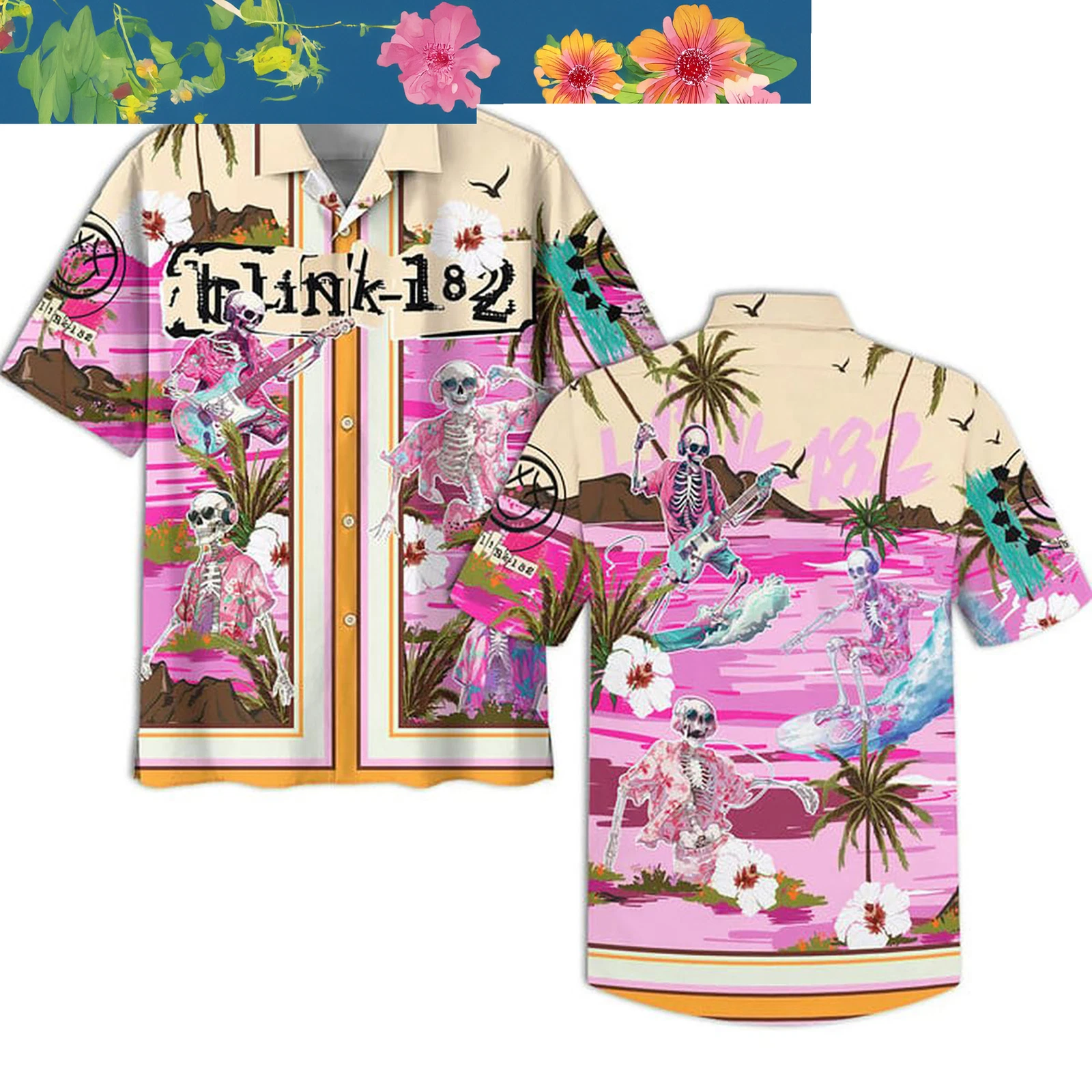 B182 Dancing Skull Surfing Beach Hibiscus Pink Hawaiian Shirts