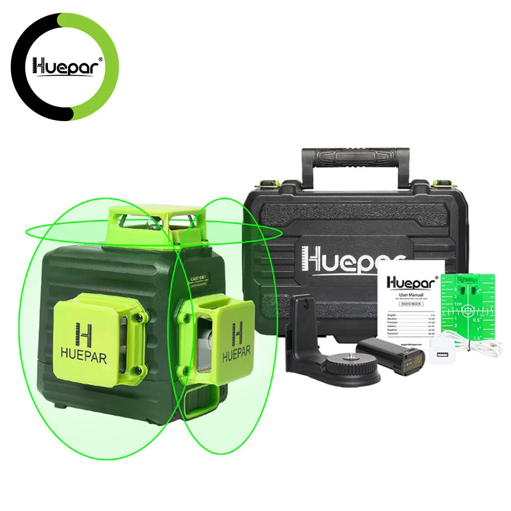 Huepar Laser level 3D Green Beam Tiling Floor Laser Tool with 2 Li-ion  Batteries 3 x 360 Cross Line Self-Leveling Leveling and Type-C Charge Port  