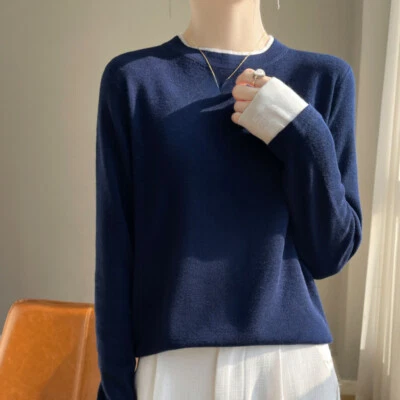 Femme Faux Cachemire Pull Tricot Maille T-Shirt Haut Épissure Souple Décontracté - Photo 1/4