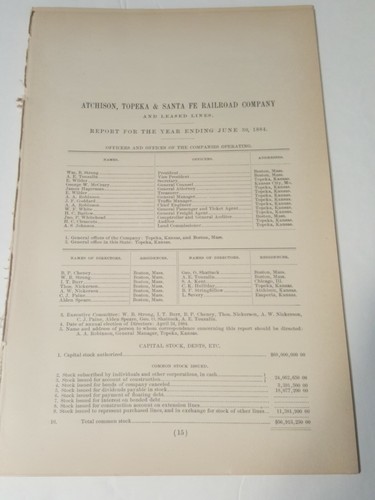 1884 KANSAS 15 pg RR report & accident list ATCHISON TOPEKA & SANTE FE RAILROAD