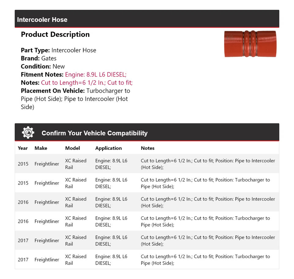 Puertas de manguera intercooler diésel 8,9 L L6 riel elevado Freightliner XC 2015-2017 Foto 2 de 4