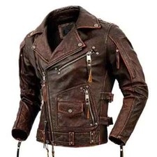 Men Vintage Distressed Brown Cowhide Real Leather Motorcycle Biker Jacket