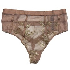 NWT VICTORIA'S SECRET High Waist Thong String Sz M Pinkish Beige Mesh Lace Gold