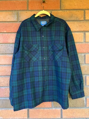 Pendleton Board Shirt Plaid Wool Loop Collar Vintage | Green Blue | Mens XL