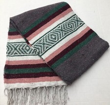 FALSA Mexican Blanket Hand Woven RASTA Serape Throw Yoga gray / pink / green