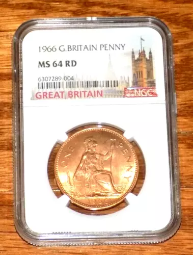 1966 GREAT BRITAIN NGC MS 63 RB BRITISH UK Penny MS63RB Certified Graded Coin