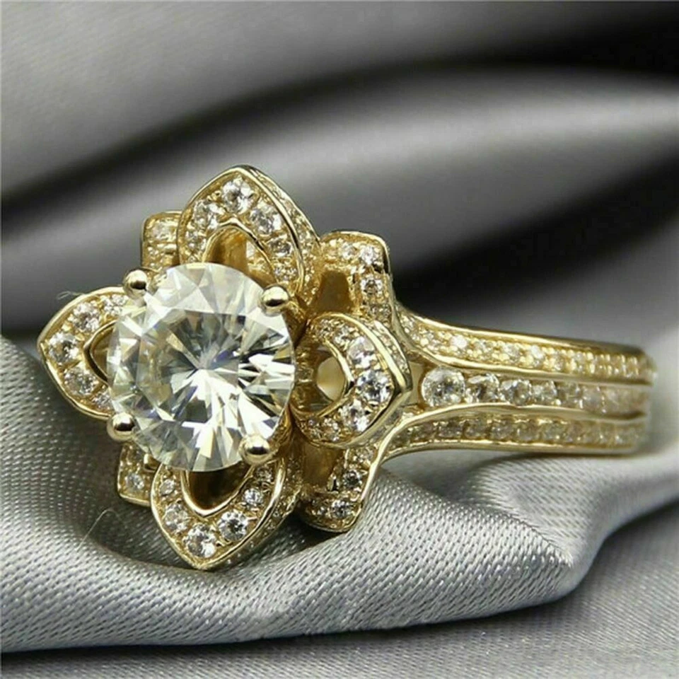 Blume Hochzeit Ring 2,70Kt Rund Brillant Verlobungsring Gelbgold-Finish Silber - Bild 4 von 4