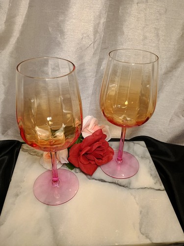 2 DuoTone Pink/Orange Ombre Optic Ripple Balloon Wine Glasses Pair Set - Picture 5 of 9