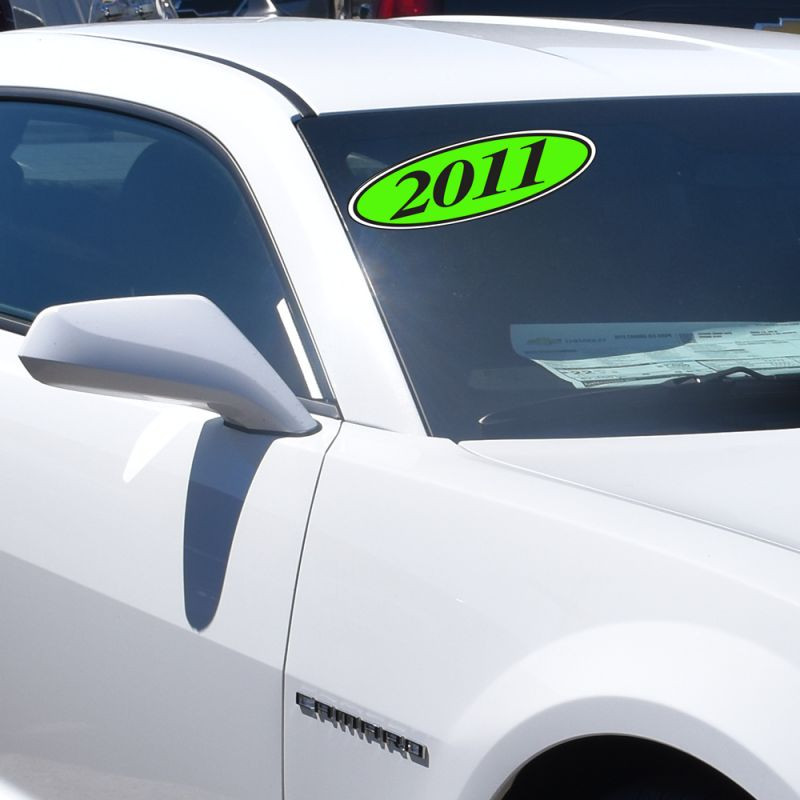 Car Dealer Windshield Oval Model Year Stickers – 4-Digit, Green & Black – Made In USA (2-Pack)