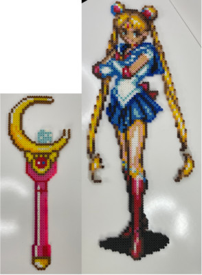 Huge Perler Bead Sailor Moon Pixel Art 21'' Tall + Crescent Moon Wand 14'' Tall