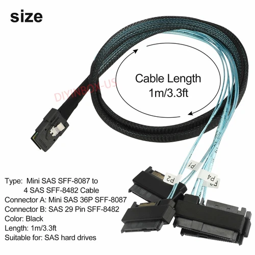 High Speed Mini SATA SAS 36P SFF-8087 to 4 SFF-8482 SAS Power Cable 3FT 1M New