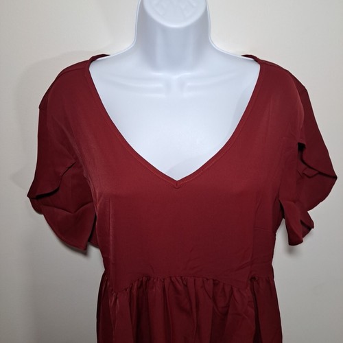 Short Petal Sleeve A-Line Dressy Satin Swing Dress Burgundy XL - Picture 2 of 24