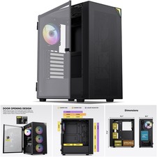 Mid Tower ATX PC Case Door Opening Tempered Glass Black LED Fan Support