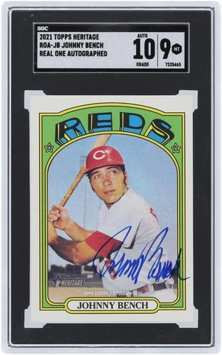 Johnny Bench Reds Signed 2021 Topps Heritage Real One #ROA-JB SGC 9/10 Card
