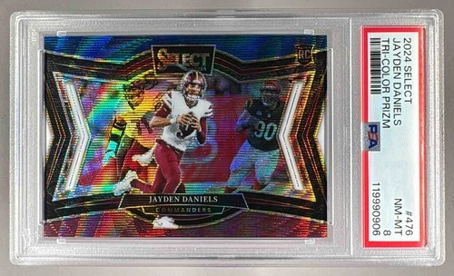 0906 Jayden Daniels 2024 Panini Select #476 Tri-Color Prizm Field RC /99 PSA 8
