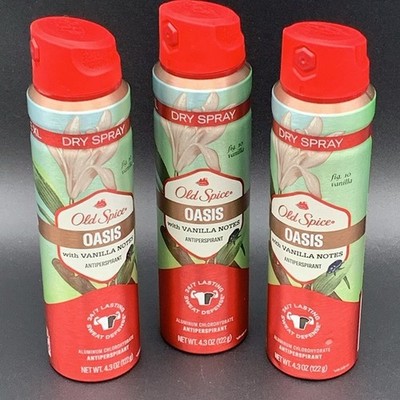 Old Spice Oasis Deodorant Antiperspirant Dry Spray 4.3 oz 3 Pack Vanilla Notes