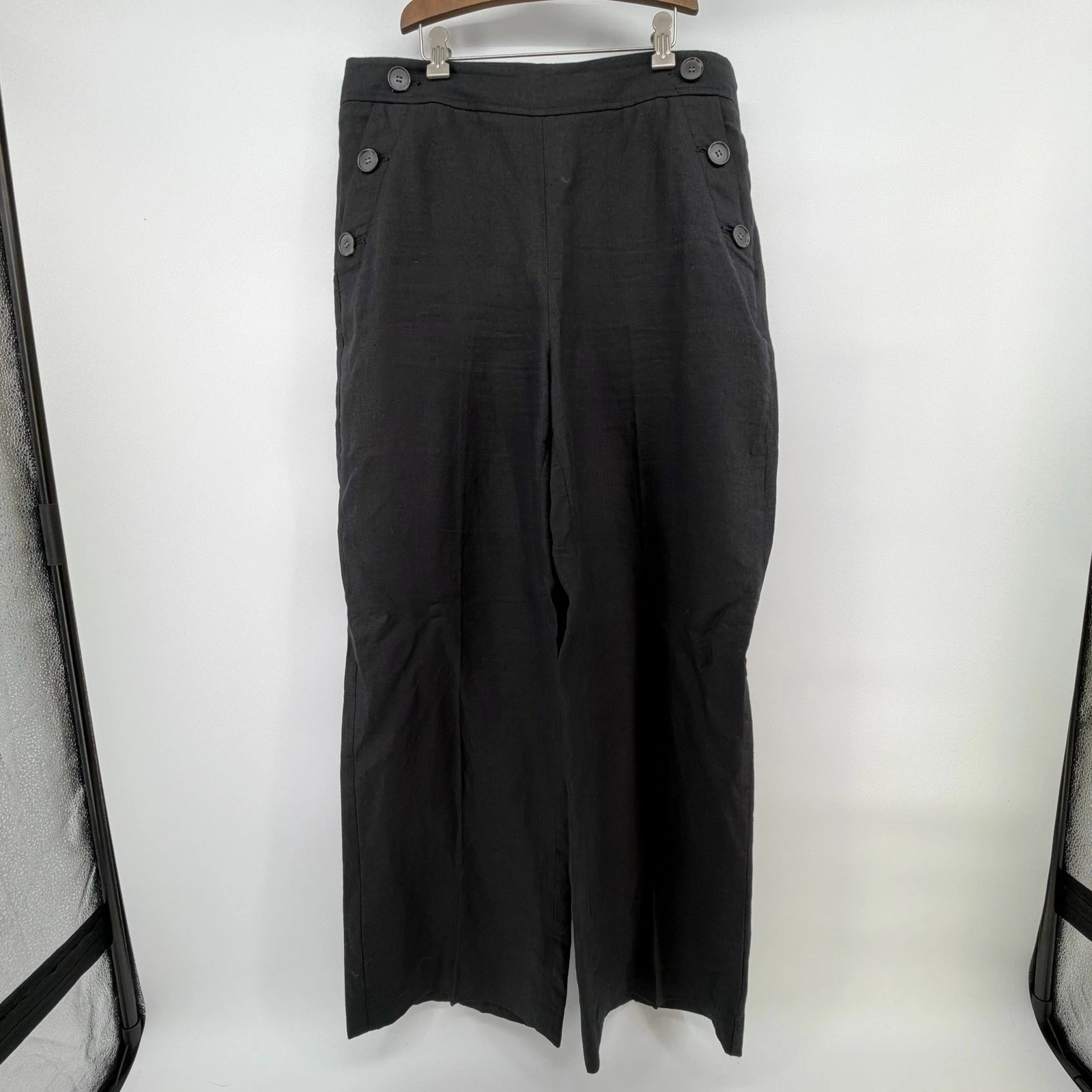 Talots Black 100% Linen Wide Leg Sailor Pants High Rise Button Detail Size 12