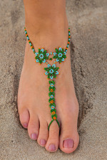 Green Seed Beads Beaded Barefoot Anklet Flower Beadwork