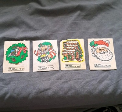 Trend 4 Scratch & Sniff  1980's LARGE VINTAGE Stickers WREATH, SANTA,ELF, HOUSE