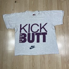 Camicia Nike Kick Some Butt vintage donna grande grigia etichetta cotone ritagliato