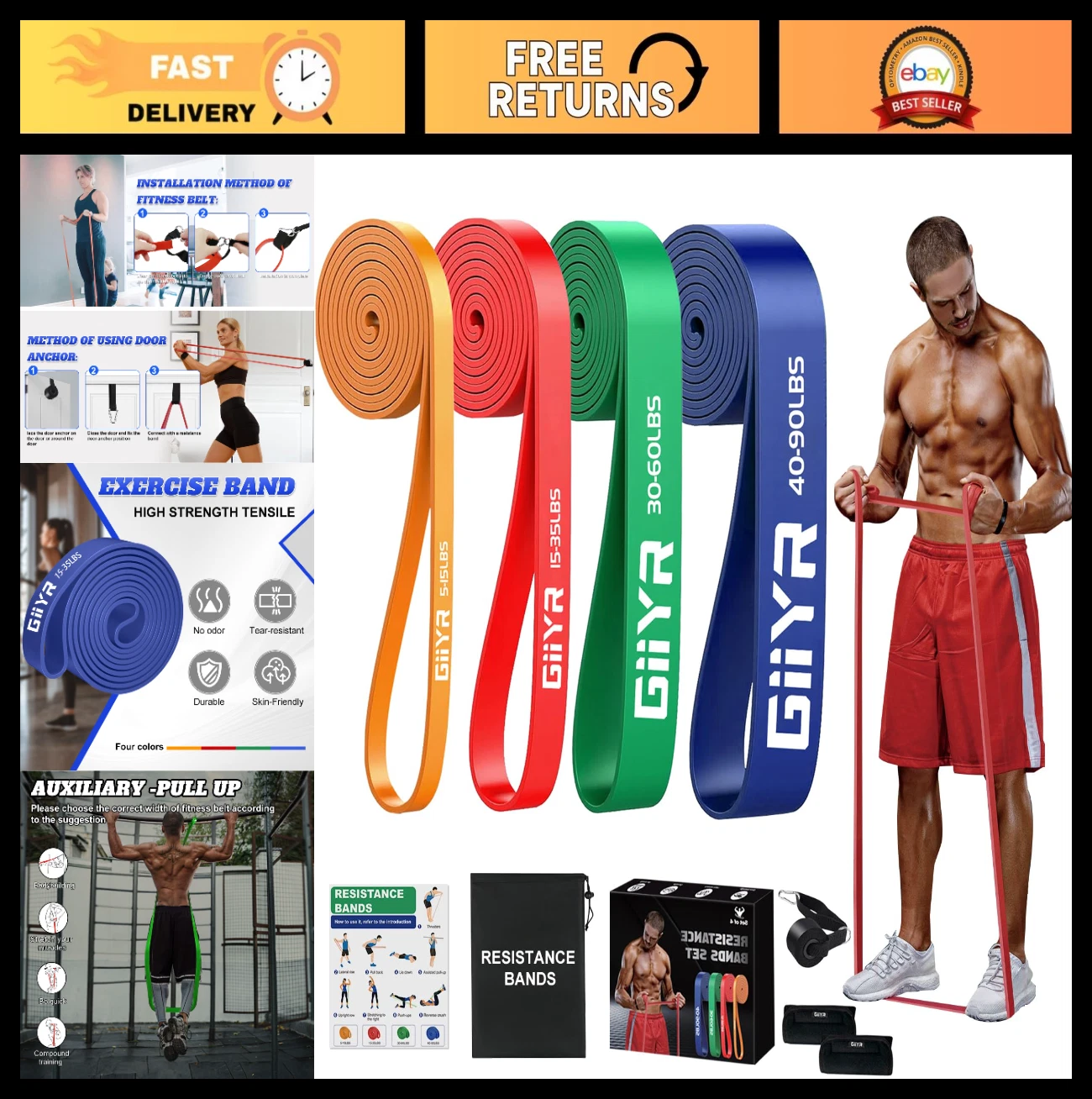 Resistance Bands Set - 4 Levels for Strength Training, Stretching, Home Workouts