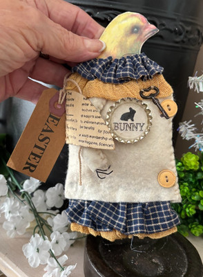 OOAK Handmade Easter CHICK Cardboard Wire Boil Wool Fabric DRESSED FIGURE DECOR