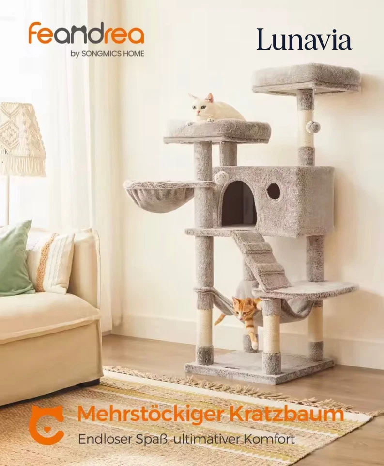 FEANDREA Katzen Kratzbaum 135 cm – stabiler Sisal Baum mit Höhle & Liegeflächen