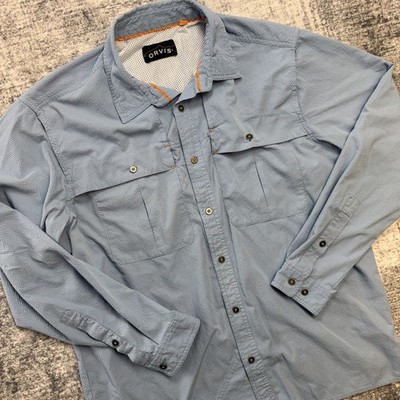 Orvis Shirt Men Large Blue Seersucker Vented Roll Tab Button Down Fishing Hiking