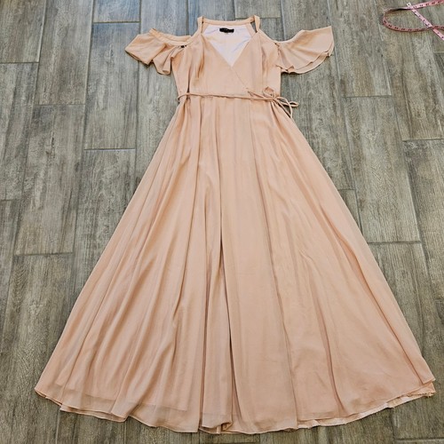 Lulus Maxi Formal Wrap Dress Size S Easy Listening Blush Cold-Shoulder Wedding