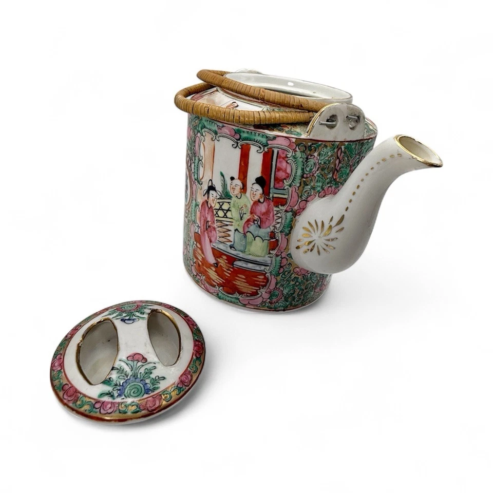 Tetera grande de porcelana vintage china de mediados de siglo dinastía Qing medallón rosa Foto 4 de 4