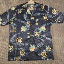 Vintage 60s 70s Sears Hawaii Aloha Shirt Men Medium Blue Floral Asian Print