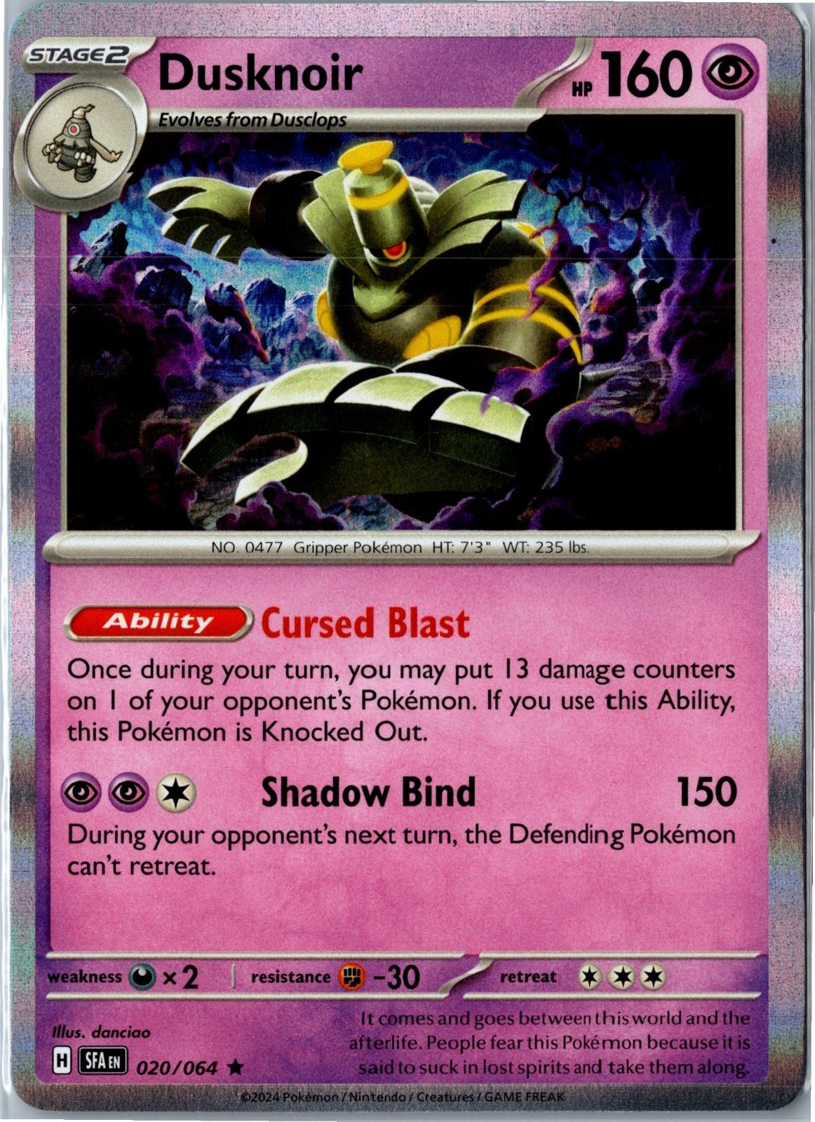 Pokemon Card - Dusknoir Shrouded Fable 020/064 2024 Rare Holo Near Mint