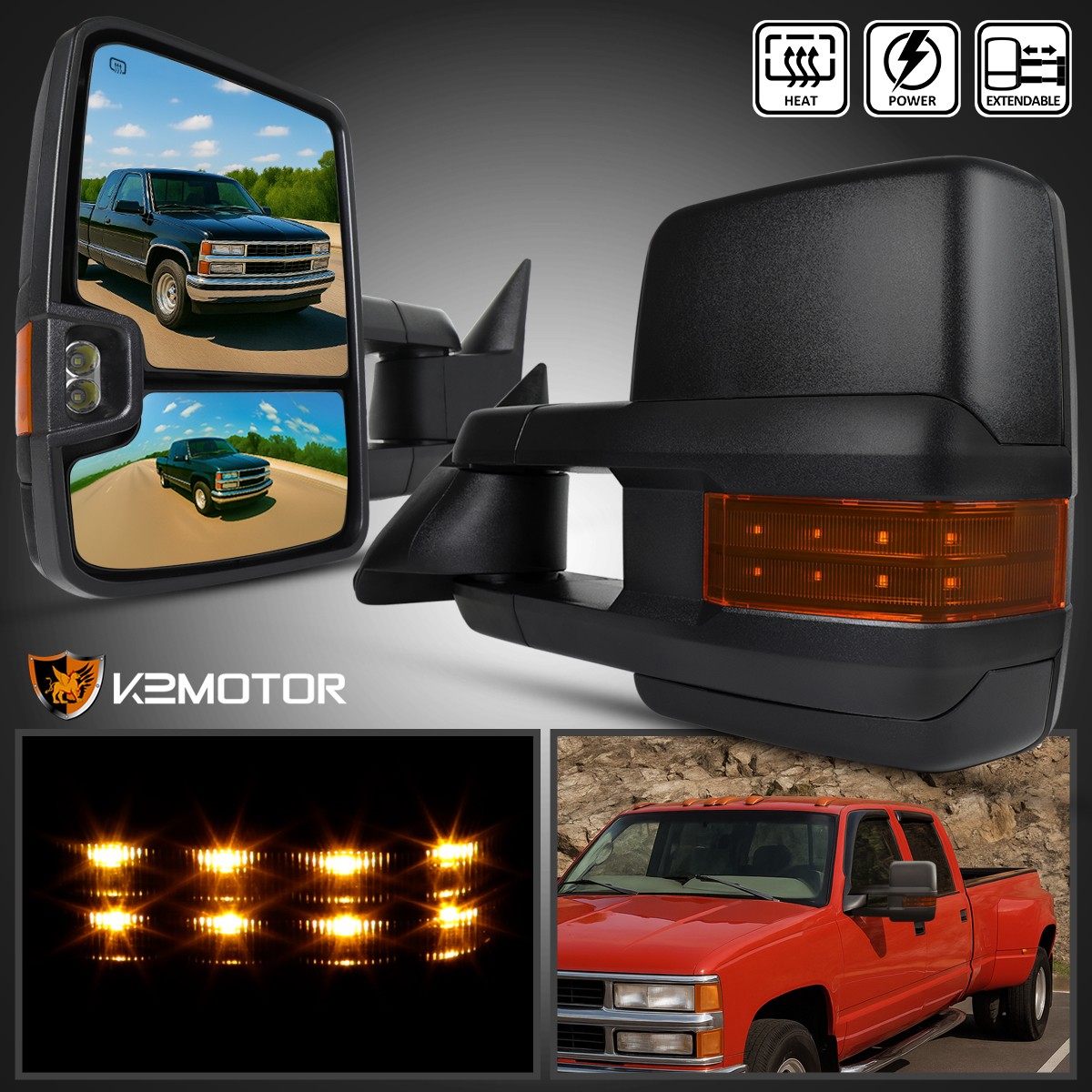 Carpartsinnovate Manual Telescoping Tow Mirrors For 88-98 Chevy GMC C/K, Tahoe, Suburban (Set Of 2)