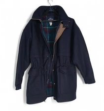 Vintage Woolrich Navy Blue Wool Field Hunting Coat Sz L USA Plaid Lined